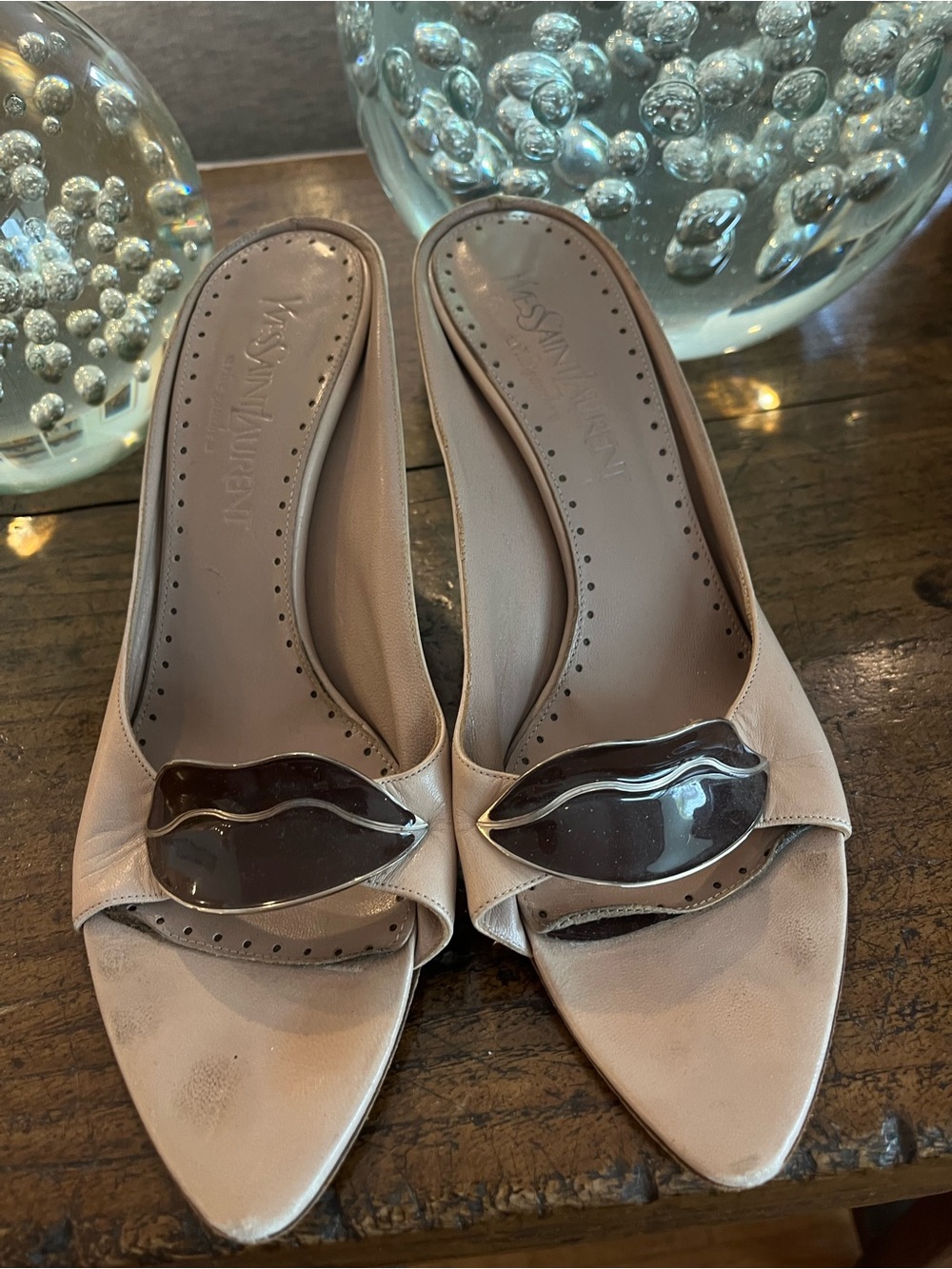 Rare Tom Ford for Yves Saint Laurent Beige and Brown Lucite Lips Mules Heels